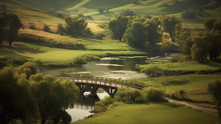 Beautiful landscape with a bridge over a river in the countryside.の素材