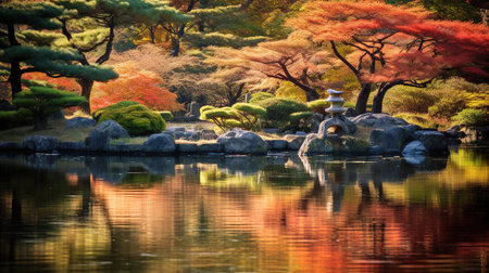 Japanese garden with pond and trees in autumn, Tokyo, Japan.の素材