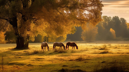 Horses grazing on a misty meadow at sunrise in autumnの素材