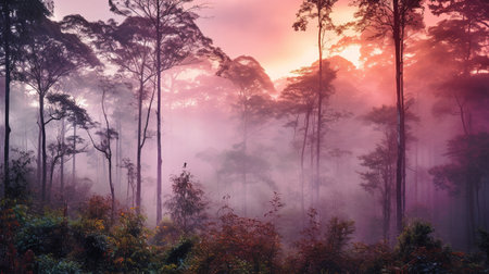 Tropical forest with fog in the morning at Phu Kradueng National Park, Loei, Thailandの素材