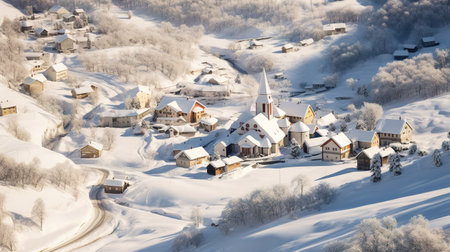 Beautiful winter landscape with snow covered houses in the mountain village.の素材