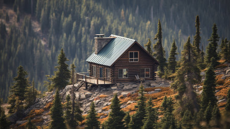 Wooden cabin on top of a mountain in the Canadian Rockies.の素材
