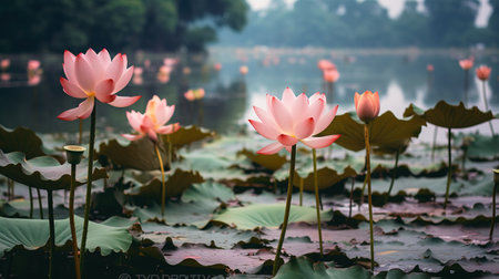 Lotus flower blooming in the pond in the morning, nature backgroundの素材