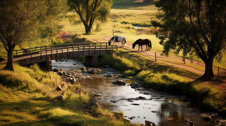 Horses on the bridge in a meadow with trees and riverの素材