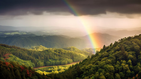 Rainbow over the forest in the mountains. Beautiful natural landscape.の素材