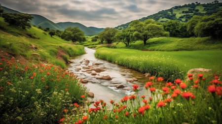 Panoramic view of mountain river in green valley with red poppiesの素材