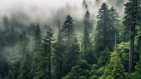 Foggy forest with pine trees in Carpathian mountains, Ukraineの素材