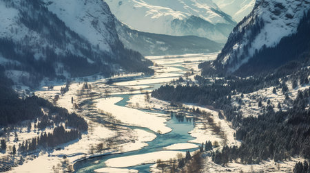 Panoramic view of alpine landscape with river in winter, Switzerlandの素材