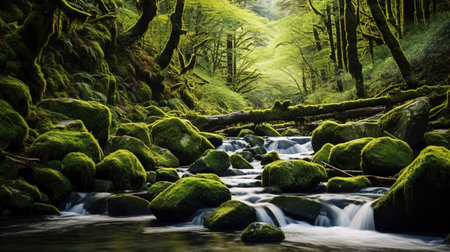 Moss covered rocks and stream in the rainforest of New Zealandの素材
