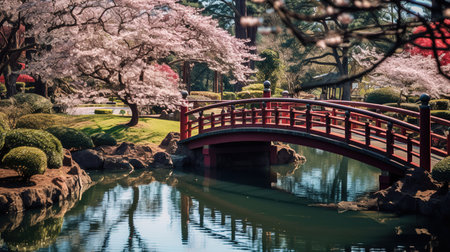 Japanese garden with cherry blossom and red bridge in spring time.の素材