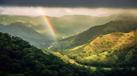 Rainbow over the mountains in the morning, South Korea, Asia