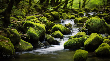 Mossy rocks in a stream in the forest with flowing waterの素材