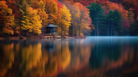 Autumn landscape with lake and gazebo in the forestの素材