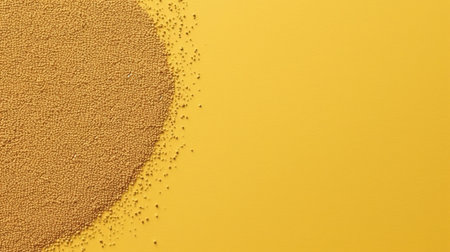 Sand on yellow background. Top view. Flat lay. Copy space.の素材