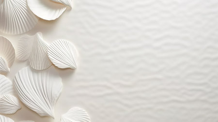 White seashells on a white background. Place for text.の素材