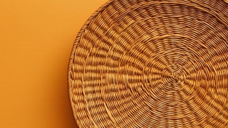 Wicker basket on orange background. Top view, flat lay.の素材