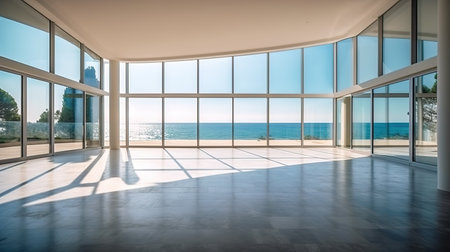 Modern house interior with panoramic view of the sea. Nobody insideの素材