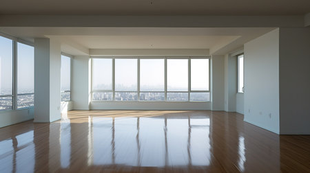 Empty room with panoramic view of the city. Nobody insideの素材