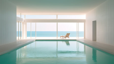 Swimming pool in luxury villa with sea view. 3D renderingの素材
