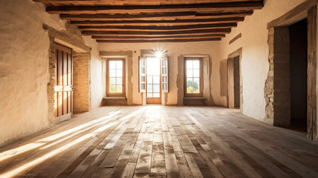 interior of an old building with wooden floor and sunlight from windowの素材