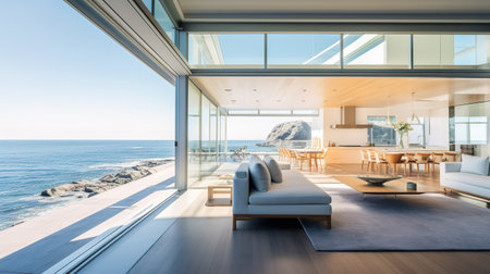 Interior of modern house, living room with terrace overlooking the seaの素材