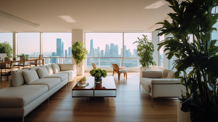Modern living room with panoramic city view. 3d renderingの素材