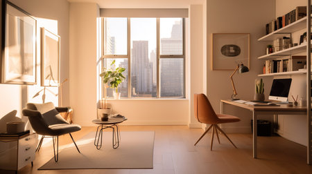 Modern office interior with a panoramic window overlooking the city.の素材