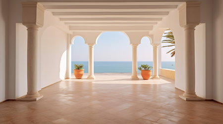 interior of a villa with sea view and plants, 3d renderの素材