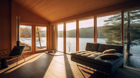 interior of modern house, living room with lake view, nobody insideの素材