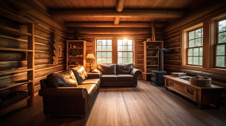 Interior of a log cabin with a sofa and armchair.の素材