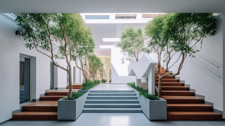 3d render of stairs and plants in a modern office building.の素材