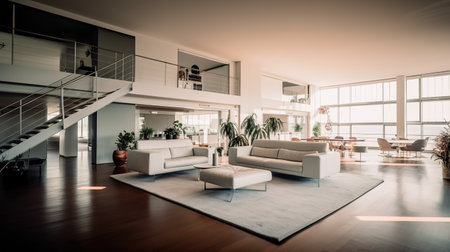 Interior of modern living room with white sofas. Nobody insideの素材