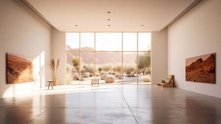 Interior of modern living room with white walls, concrete floor, panoramic window with desert view and daylight. 3d rendering mock upの素材
