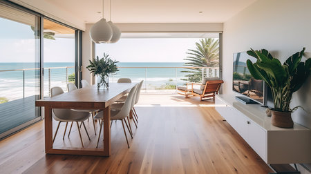 Interior of a modern living room overlooking the sea. Nobody insideの素材