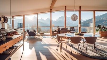 interior of modern living room with panoramic view on mountainsの素材