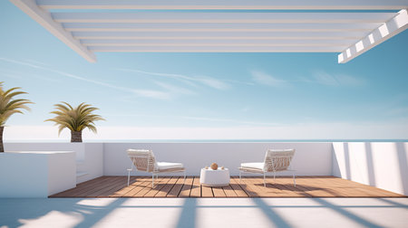 3d render of terrace with sea view and palm trees.の素材