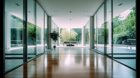 Interior of a modern office building with glass walls. Nobody insideの素材