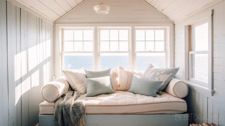 Pillows on the bed in the interior of a wooden houseの素材
