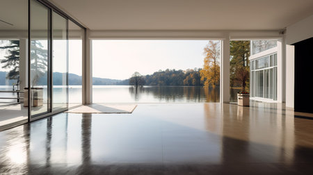 interior new house, large luxury modern bright room with lake viewの素材