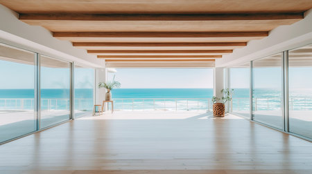 Modern bright interiors apartment with sea view mockup 3D rendering illustrationの素材