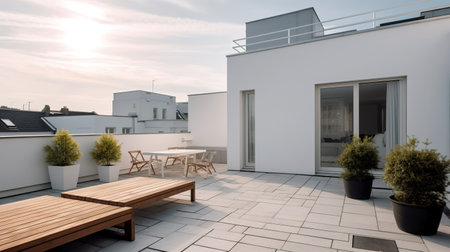 3d render of modern house exterior with terrace and garden.の素材