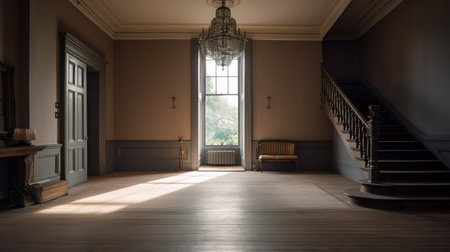 Interior of an old mansion with a wooden staircase and a large windowの素材