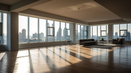 Interior of a modern living room with panoramic window viewの素材