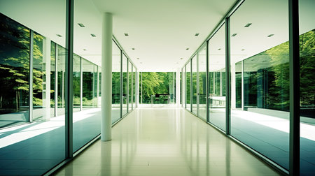 Interior of modern office building with glass walls and white floor.の素材