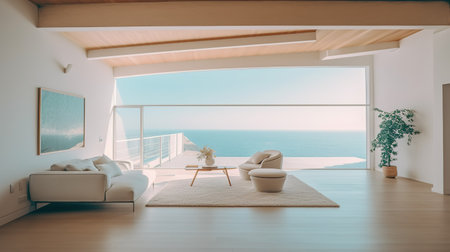 Luxury living room with sea view. 3D Renderingの素材