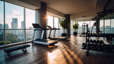 Modern gym interior with fitness equipment and city view. 3D Renderingの素材