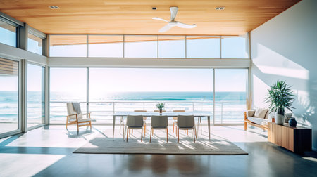Interior of modern dining room with white walls, concrete floor, long wooden table with chairs and sea view. 3d renderingの素材