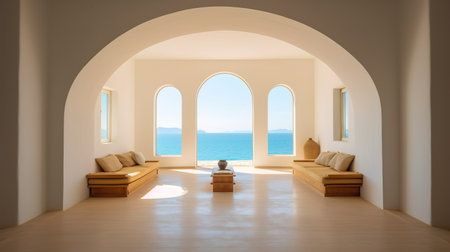 Interior of modern house, living room with sea view. Nobody insideの素材