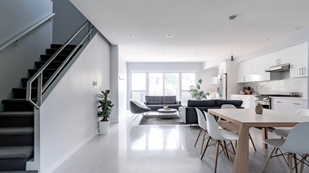 interior of modern house, living room with kitchen and dining areaの素材