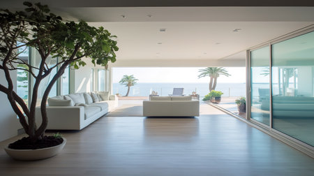 Interior of a modern living room with a view of the seaの素材